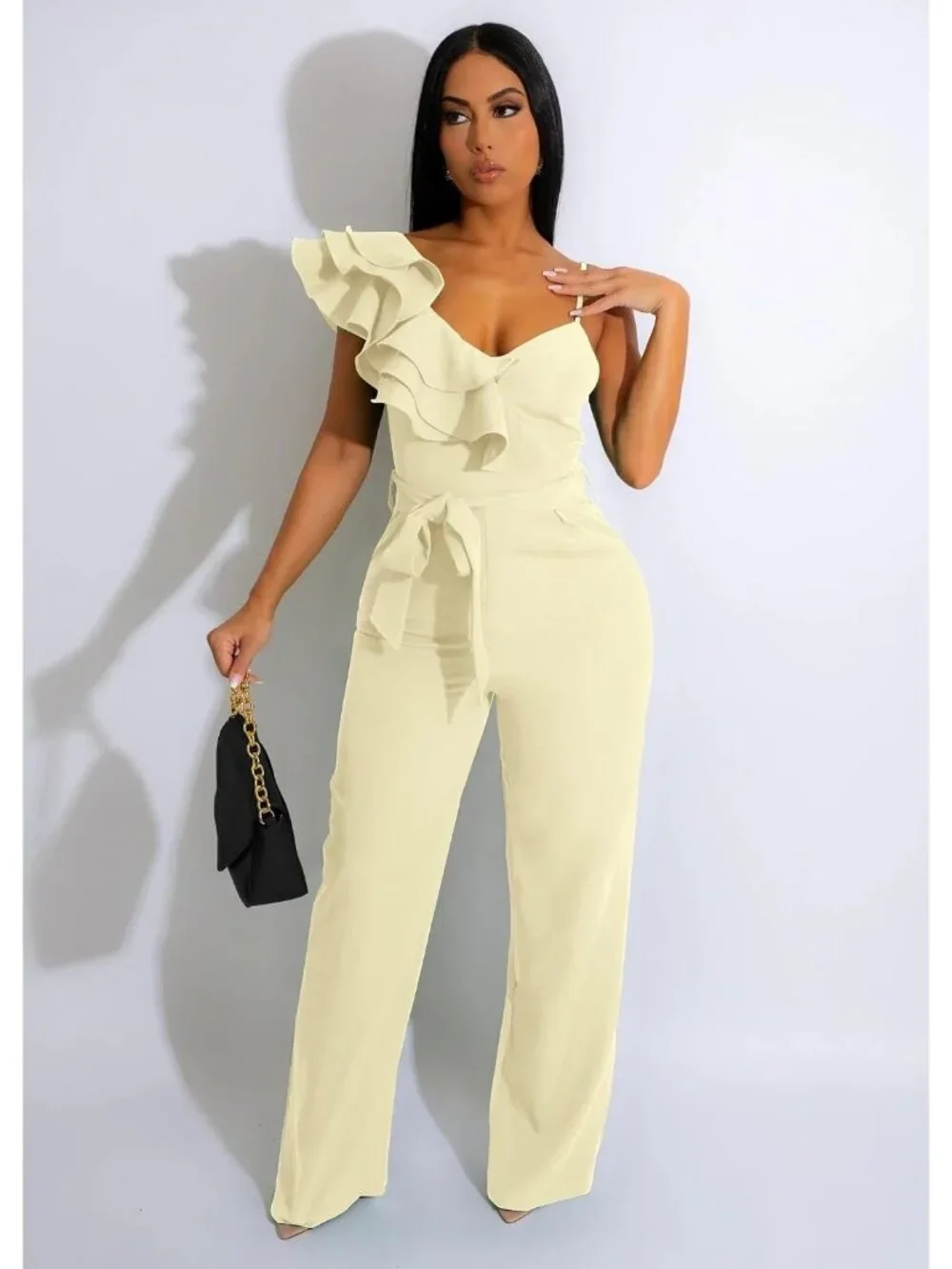 👗 Women's Cream White Ruffle One Shoulder Wide Leg Belted Romper Jumpsuits